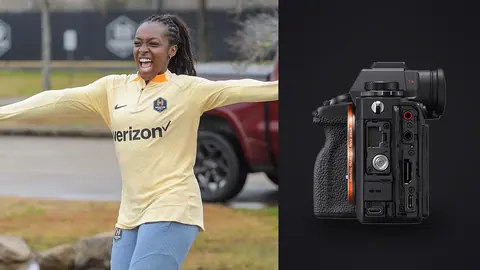 Sony Alpha 1 product photo beside soccer player celebrating with arms stretched out wide