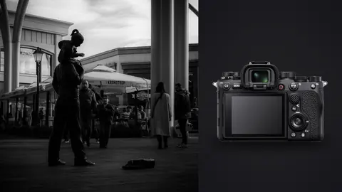 Sony Alpha 1 product photo beside shoppers passing under a covered market walkway