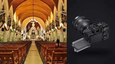 Sony a7 IV product photo beside gothic basilica interior with wood vaulted ceiling and festive ribbons