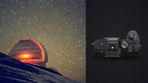 Sony a7 IV product photo beside circumpolar star trails above an observatory dome lit orange
