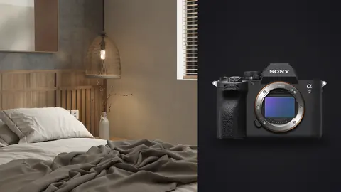 Sony a7 IV product photo beside dim bedroom with rattan pendant lamp