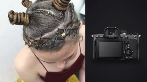 Sony a7 IV product photo beside overhead view of a woman with elaborate braided coil hairstyle