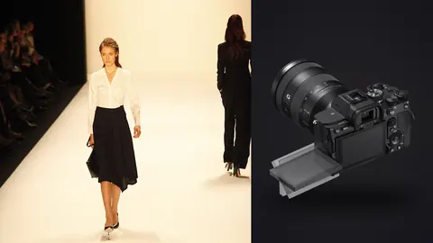 Sony a7 IV product photo beside model in a white blouse and black skirt walking a runway
