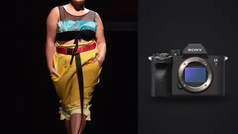 Sony a7 IV product photo beside model in a two-tone crop top and gold trousers on runway