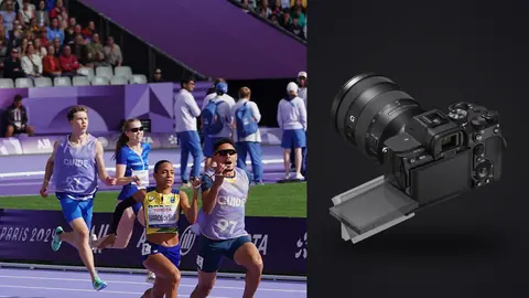 Sony a7 IV product photo beside group of sprinters racing together around a track curve