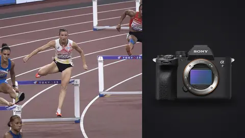 Sony a7 IV product photo beside hurdler leaping over a barrier just ahead of a rival