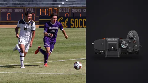 Sony a7 IV product photo beside college soccer players racing toward a loose ball
