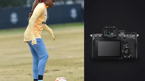 Sony a7 IV product photo beside soccer player dribbling a ball alone on a training field