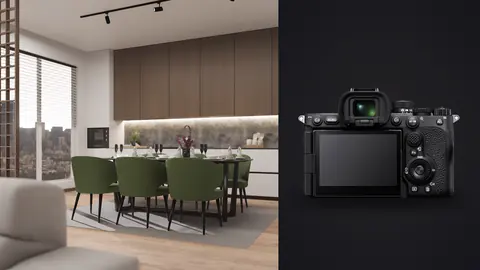 Sony a7R V product photo beside dining room with a city view through large windows