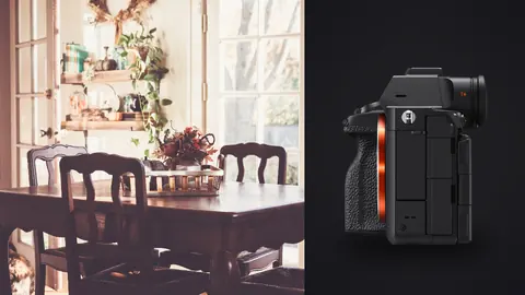 Sony a7R V product photo beside traditional dining room with wood table set near french doors