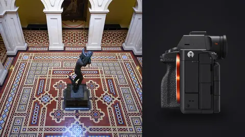 Sony a7R V product photo beside overhead view of ornate mosaic floor with bronze statue
