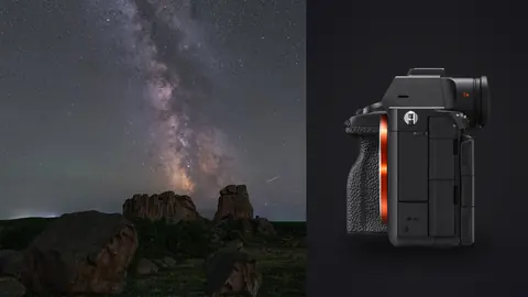 Sony a7R V product photo beside milky way rising above ancient standing stones