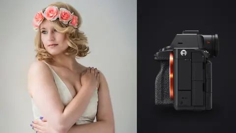 Sony a7R V product photo beside portrait in flower crown and cream dress against wall