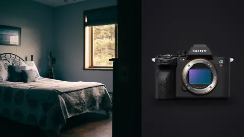 Sony a7R V product photo beside teal walled bedroom with forest view window