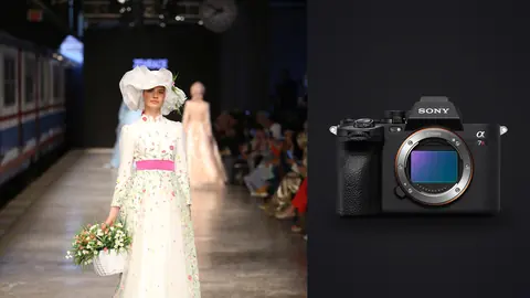 Sony a7R V product photo beside bride-style model walks a modest fashion week runway in white