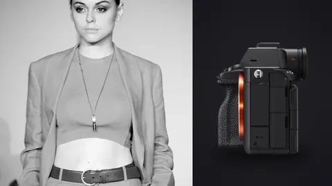 Sony a7R V product photo beside black and white portrait of a model in a blazer and wide belt