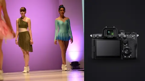 Sony a7R V product photo beside two models in a green wrap dress and teal leotard on stage