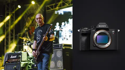 Sony a7R V product photo beside bassist performing on stage