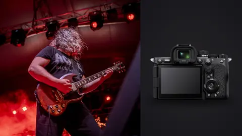 Sony a7R V product photo beside guitarist performing energetically on stage under red lights