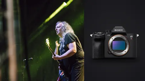 Sony a7R V product photo beside guitarist performing on stage under green light