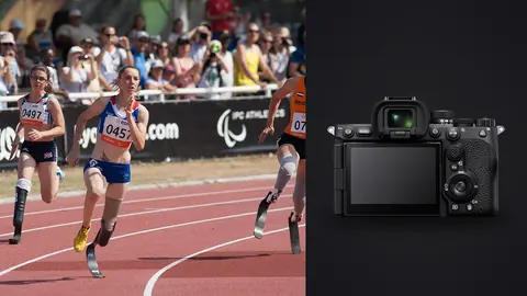 Sony a7R V product photo beside sprinters with running blades racing down a track