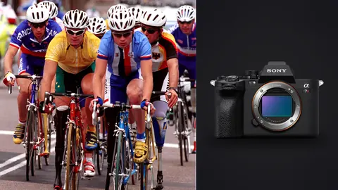 Sony a7R V product photo beside cyclists with prosthetic legs racing in a tight pack