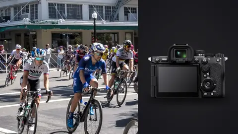 Sony a7R V product photo beside professional cyclists racing through a downtown street corner