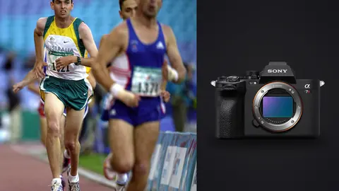 Sony a7R V product photo beside runner pulling ahead of a pack on the track