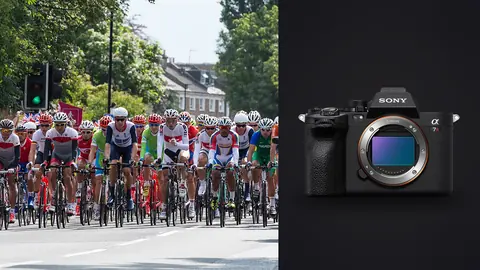 Sony a7R V product photo beside olympic cyclists racing through a city street lined with fans