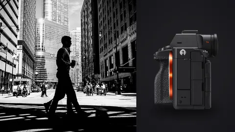 Sony a7R V product photo beside pedestrian walking a crosswalk between tall city buildings