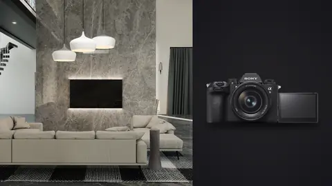 Sony a9 III product photo beside living room with marble wall and layered pendant lights