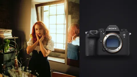 Sony a9 III product photo beside woman in prairie dress lit by window at dusk