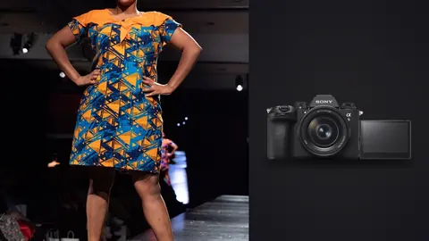 Sony a9 III product photo beside model in a blue and orange patterned dress on a runway