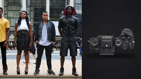 Sony a9 III product photo beside four models in casual styled outfits posing outdoors