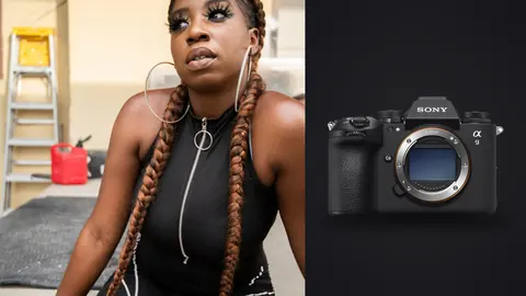 Sony a9 III product photo beside woman with long braids sits casually in an industrial space