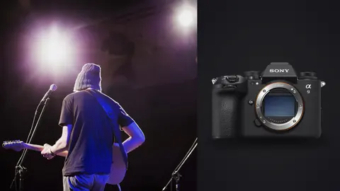 Sony a9 III product photo beside guitarist performing on stage seen from behind