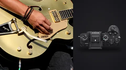 Sony a9 III product photo beside close-up of hands playing electric guitar