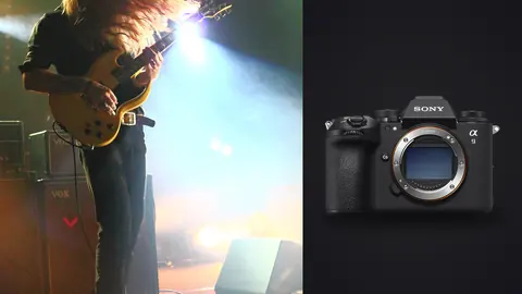 Sony a9 III product photo beside guitarist performing energetically on stage
