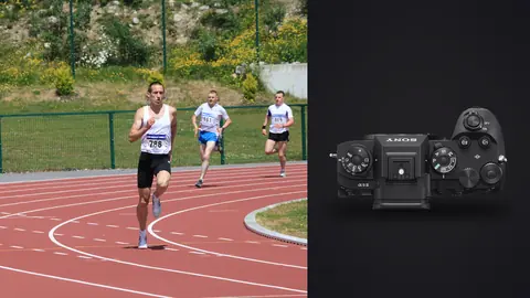 Sony a9 III product photo beside distance runner leading a pack around a curved track