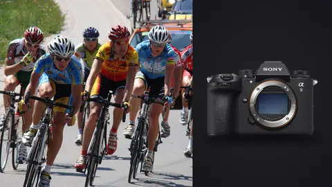 Sony a9 III product photo beside close-up of cyclists racing shoulder to shoulder in a pack