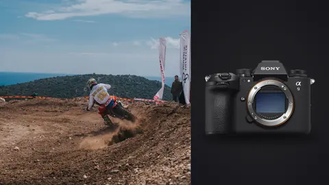 Sony a9 III product photo beside motocross rider leaning into a dirt hillside turn