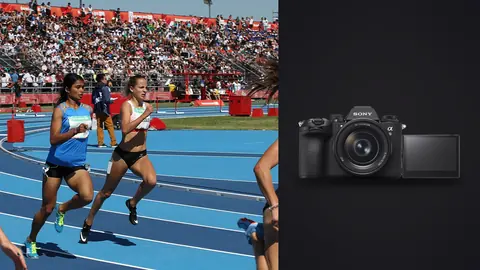 Sony a9 III product photo beside three female runners racing along a blue track
