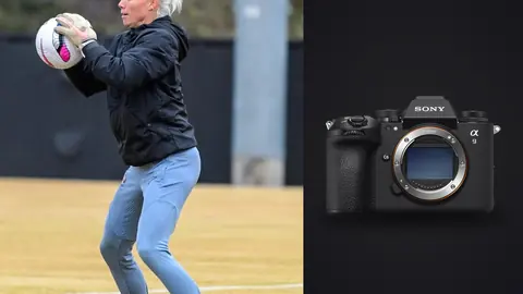 Sony a9 III product photo beside coach catching a soccer ball with both hands