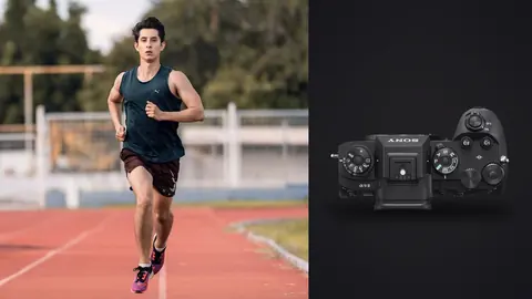 Sony a9 III product photo beside solo runner sprinting on an outdoor track