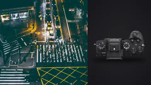 Sony a9 III product photo beside aerial view of a crowd crossing a night city intersection
