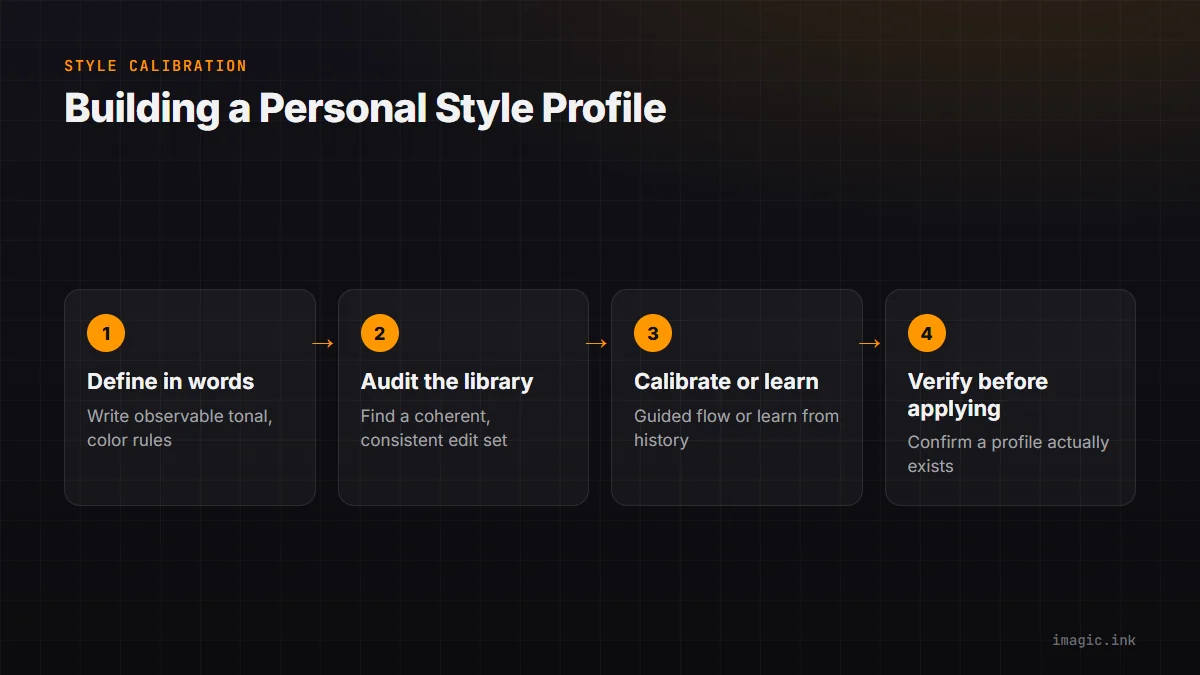Four-step flow for building a personal style profile: define the style, audit the library, calibrate or learn, then verify before applying.
