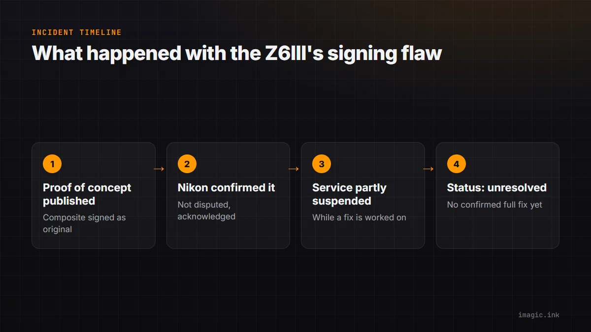 Four-step flow of the Nikon Z6III C2PA incident: proof of concept published, Nikon confirmed, service suspended, fix still pending.
