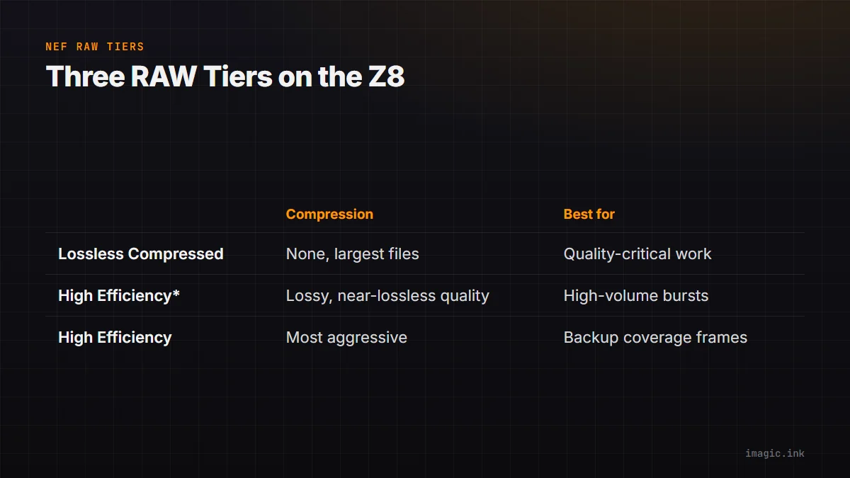 Comparison of the Nikon Z8's three NEF RAW tiers: Lossless Compressed, High Efficiency star, and High Efficiency.