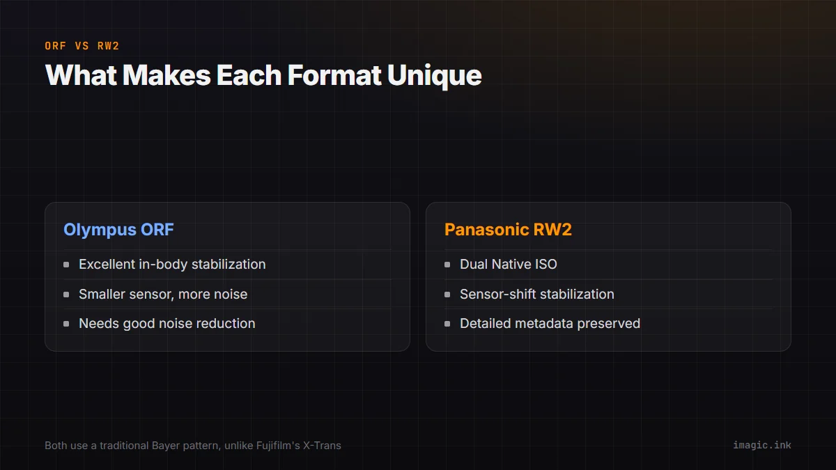 Split diagram contrasting what makes Olympus ORF and Panasonic RW2 files unique