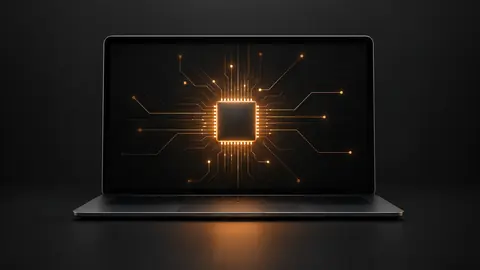 Abstract illustration of a small AI model running inside a laptop rather than a data center